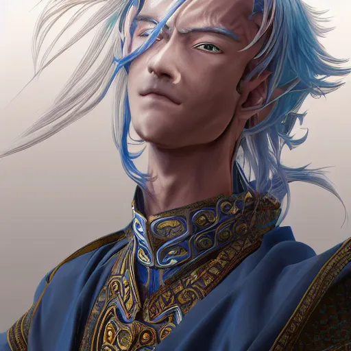 Image similar to an immortal xianxia cultivator with long blue hair as an absurdly handsome, elegant, young anime man, ultrafine hyperrealistic detailed face illustration by kim jung gi, irakli nadar, intricate linework, sharp focus, bright colors, matte, final fantasy, unreal engine highly rendered, global illumination, radiant light, intricate environment