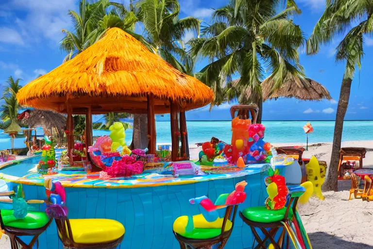 Prompt: poolside Tiki bar made of gummy candy, vacation photo, 55mm