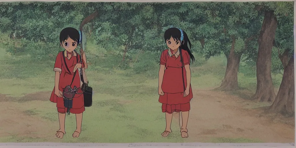 Prompt: sri lankan school girl, drawn by hayao miyazaki, rule of thirds