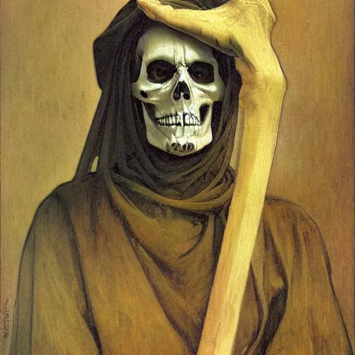 Prompt: the grim reaper, skeleton, oil painting, canvas, paul delaroche, alphonse mucha, arnold böcklin, very detailed, portrait