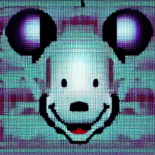 Image similar to mickey mouse head, pixel glitch, synth wave, broken, fractured, fractal, geometric, wet, melting, distorted, unreal engine 5, octane render