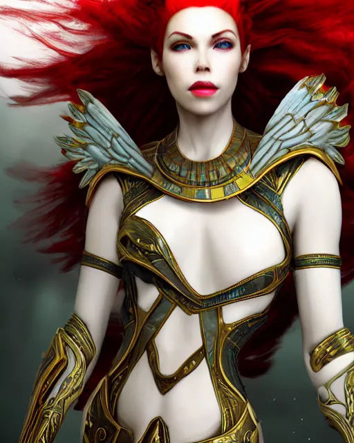 Prompt: red haired egyptian queen wearing white dove wings, warframe armor, regal, attractive, ornate, sultry, sexy, beautiful, dreamy, elize theron, pretty face, green eyes, detailed, scifi platform, 4 k, ultra realistic, epic lighting, illuminated, cinematic, masterpiece, art by akihito tsukushi, voidstar, artgerm