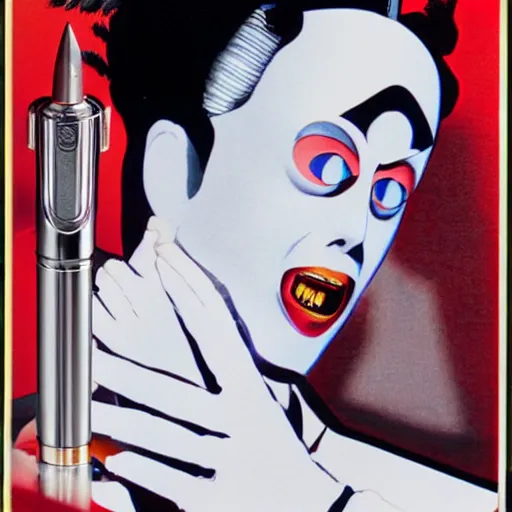 Prompt: a high quality product photo ad of klaus nomi holding a technical reed rollerball pen exacto knife by junji ito, ethereal eel