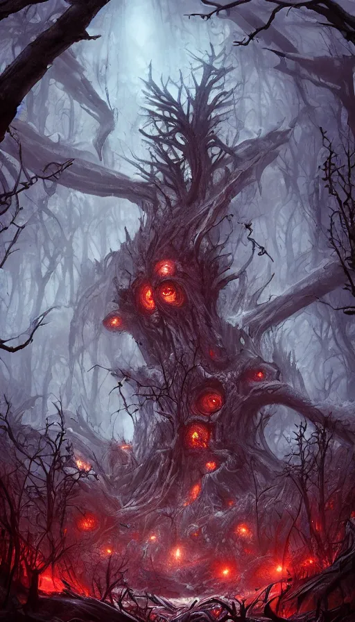 Prompt: a storm vortex made of many demonic eyes and teeth over a forest, by artstation