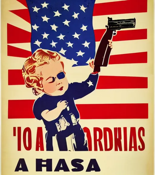 Prompt: a child holding a gun, 3 0's usa propaganda poster