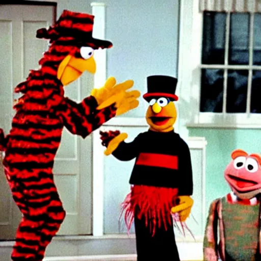 Prompt: freddy kruger visiting the muppets on sesame street, 70s video