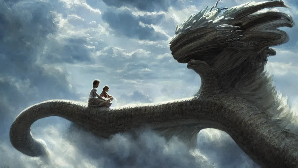 Image similar to boy falls off falkor in a storm. the neverending story. greg rutkowski. melancholy undertones. 3 8 4 0. 2 1 6 0.