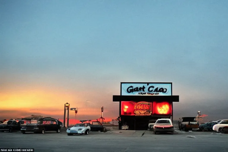 Image similar to giant crab attacking a california drive in, in 2 0 1 2, bathed in the the glow of the sunset, low - light photograph, in style of ansel adams