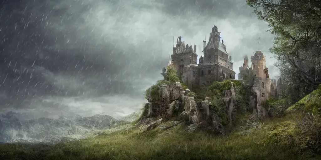 Image similar to matte painting, castle, dramatic landscape, overgrown, cinematic, overcast, lantern light