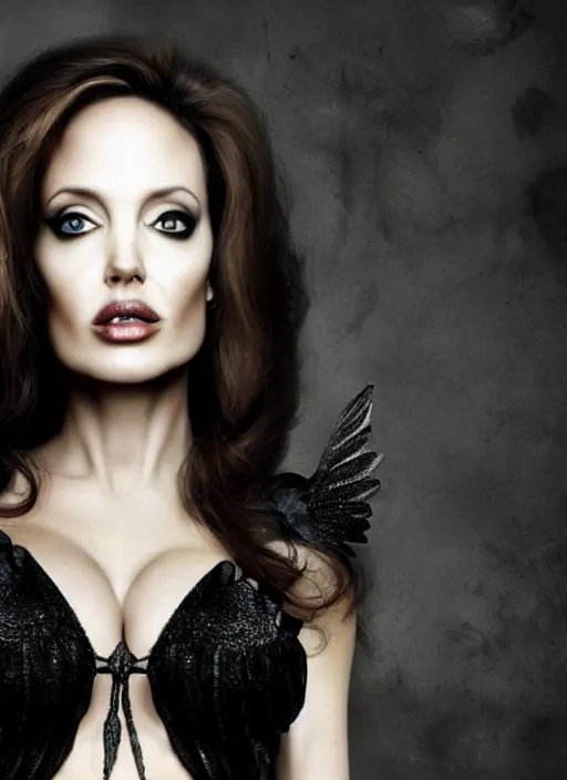 Image similar to Very beautiful woman, dark art, Angela Jolie's facial features, beautiful black dress, wings behind her back and shining eyes