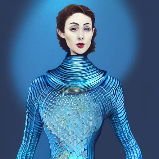 Image similar to a beautiful woman wearing a futuristic dress by alexander mcqueen, thom browne, junya watanabe, artgerm, arabian beauty, blue eyes, smile, futuristic, organic dress, pattern, concept art, fantasy