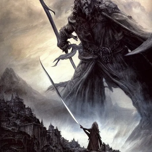 Image similar to gandalf with a sword in his hand on a bridge fighting an enormous balrog from hell, by alan lee, lord of the rings, smooth, detailed terrain, oil painting, matte painting, concept art, trending on artstation