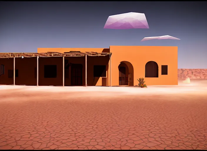 Image similar to realistic exterior photo of a mexican restaurant, vaporwave, in a flat barren desert. sandstorm, 15mm. Very detailed 8k. Sharp. Cinematic post-processing. Unreal engine. Nanite. Ray tracing. Parallax. Tessellation