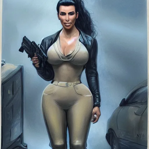 Image similar to kim kardashian as a cop, police uniform, full body view, full pov, haunted house interior, pretty, aesthetic, dust molecules, matte detailed photo, DeviantArt, Artstation, by donato giancola, ralph horley, loish, cinematic lighting