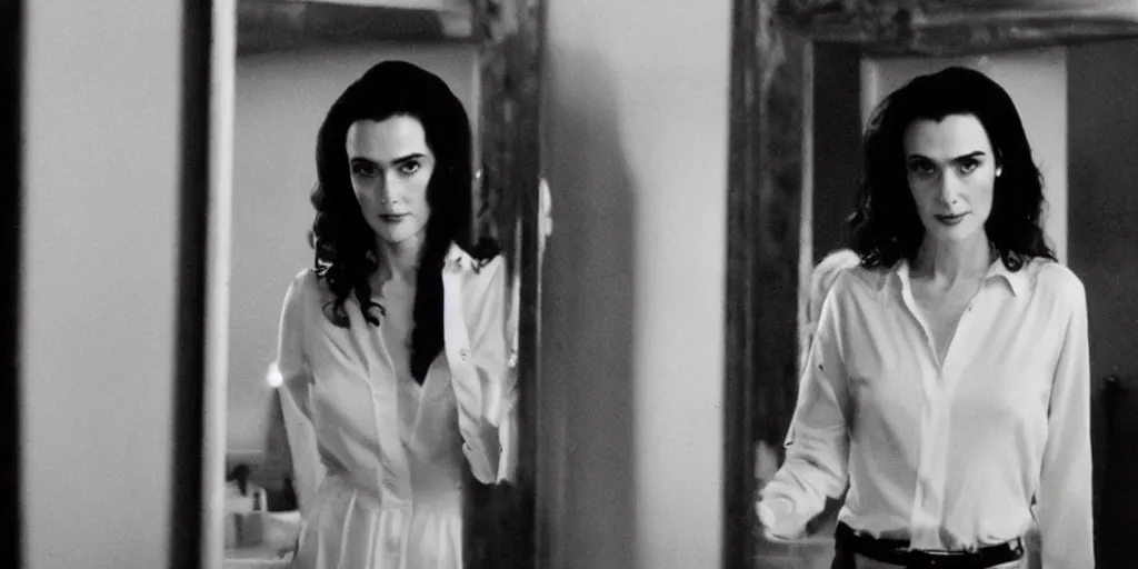 Image similar to ultra wide angle photo of winona ryder dressed in a white blouse and black dress pants as diana prince looking at herself in a bathroom mirror and seeing her reflection as wonder woman