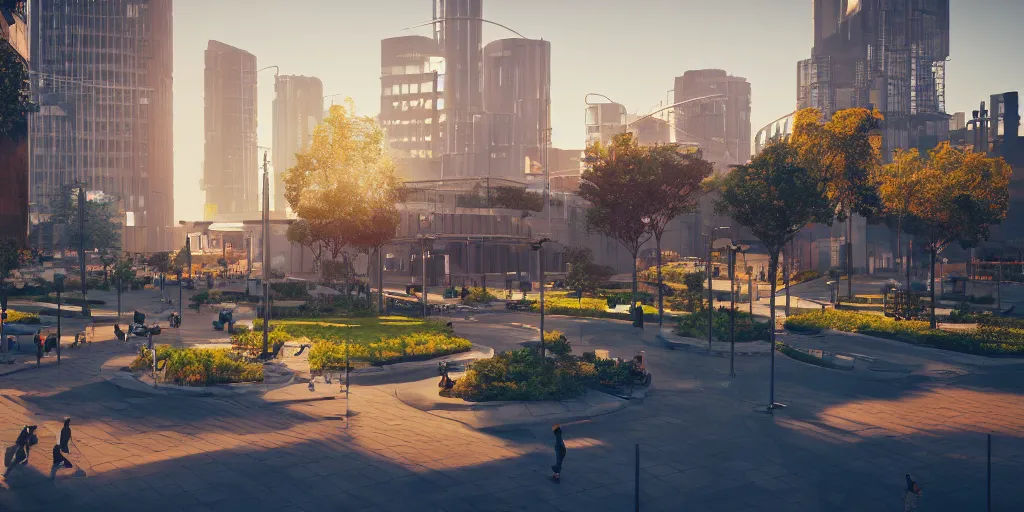 Image similar to modern city center public park, modern landscape architectural design for industrialpunk, gorgeous lighting, golden hour, cyberpunk, 2077, dramatic lighting and composition, octane render, unreal engine 5, 8k