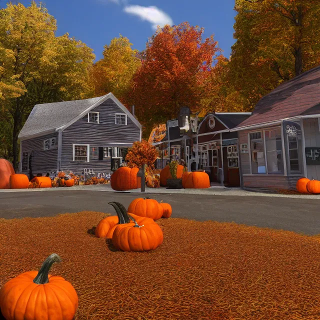 Prompt: small new england town with shops and pumpkins, maple trees with fall foliage, volumetric, realistic, cinematic lighting, ray tracing, unreal engine 5, octane render, hyper realistic, photo, 8 k