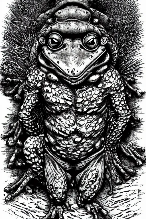 Image similar to humanoid frog warrior, toad themed, bog, symmetrical, highly detailed, digital art, sharp focus, trending on art station, kentaro miura manga art style