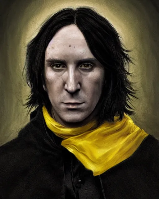 Prompt: portrait of a 3 2 - year - old man wearing black clothes, snape severus, with black, greasy, mid - length hair, hooked nose, dark brown eyes, yellow uneven teeth, hyper realistic face, beautiful eyes, fantasy art, in the style of greg rutkowski, intricate, hyper detailed, smooth