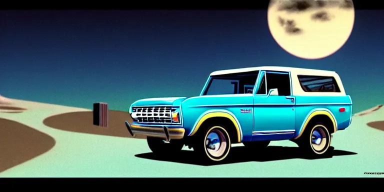 Prompt: a cinematic keyframe matte painting of a sleek 1 9 7 0 s vaporwave concept vehicle retro - futurism sci - fi sky blue 2 0 2 4 ford bronco car in an open garage in the colorado, view from the street. in the moonlight. rocky mountains. by eric lafforgue, glennray tutor and edward hopper, greg rutkowski. trending on artstation.