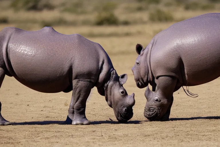 Prompt: a Hippopotamus string at a Rhinoceros, both preparing themselves to what is to come next