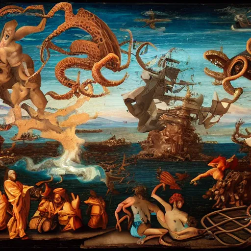 Prompt: apocalyptic scenario of a flying kraken made of silicon, renaissance style painting