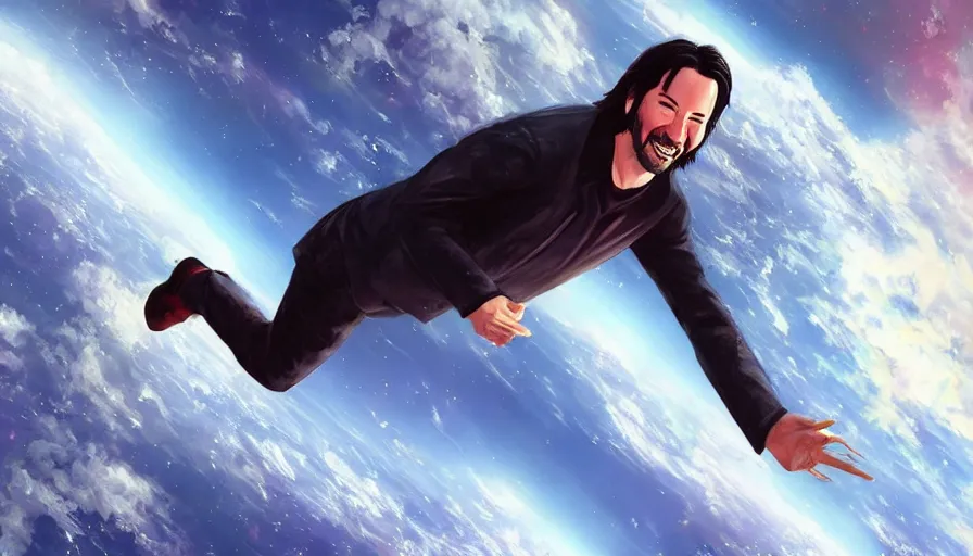 Image similar to a singular Keanu reeves floating in space with a big smile, digital art, artstation, artgem