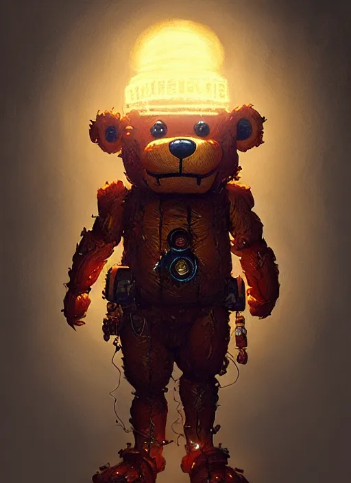 Prompt: freddy fazbear, intricate, elegant, glowing lights, highly detailed, digital painting, artstation, concept art, sharp focus, illustration, art by wlop, mars ravelo and greg rutkowski