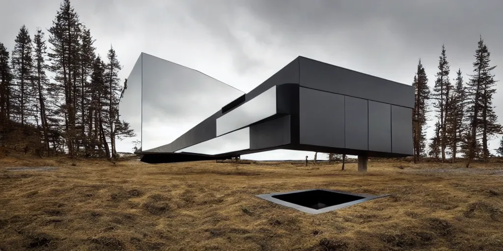 Image similar to futuristic architect house made from deconstucted ash wood and mirrors, floating, portal, iceland landscape photography, by lurie belegurschi and gunnar freyr