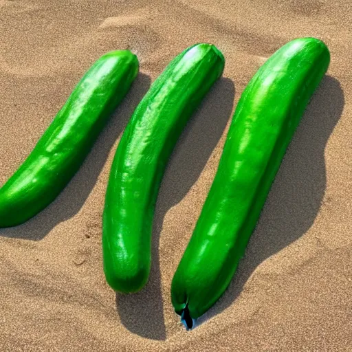 Prompt: a group of anthropomorphic cucumbers sun bathing on the beach talking to each other, in the style of 80s graphic art