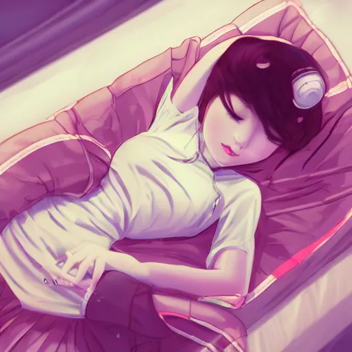 Prompt: lofi hiphop girl lying in bed listening to music by Wenqing Yan, WLOP, Zumidraws, OlchaS Logan cure liang Xing