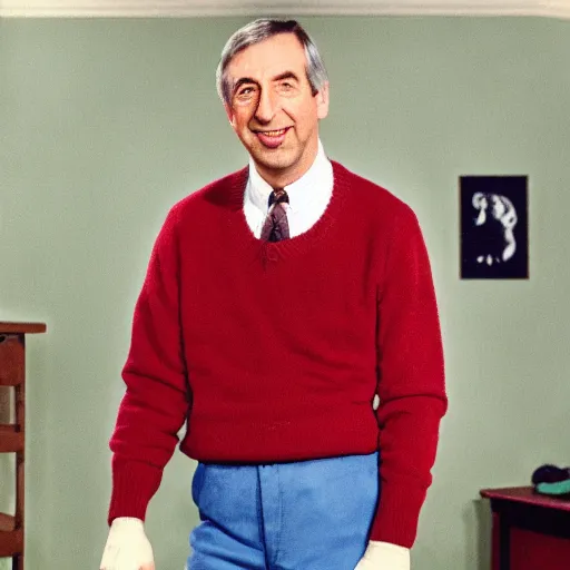 Image similar to mister rodgers in a bloodstained sweater