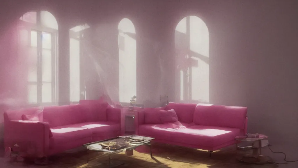 Prompt: pizza party on vintage pink velour sofa, white walls, daytime, soft light through blinds, particles, by herbert james harper, detailed, volumetric lighting, concept art, cinematic, 3 5 mm lens, 4 k