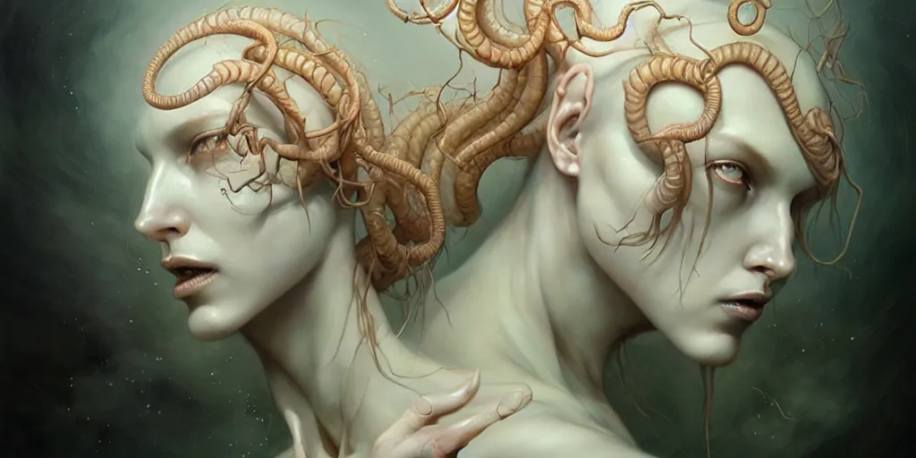 Prompt: ultra realistic, beautiful female gorgon moving through latent spaces in her head, in the style of peter mohrbacher by weta digital and beth cavener, high symmetry, intricate, elegant, evocative, masterpiece, award winning, high face symmetry, high realism