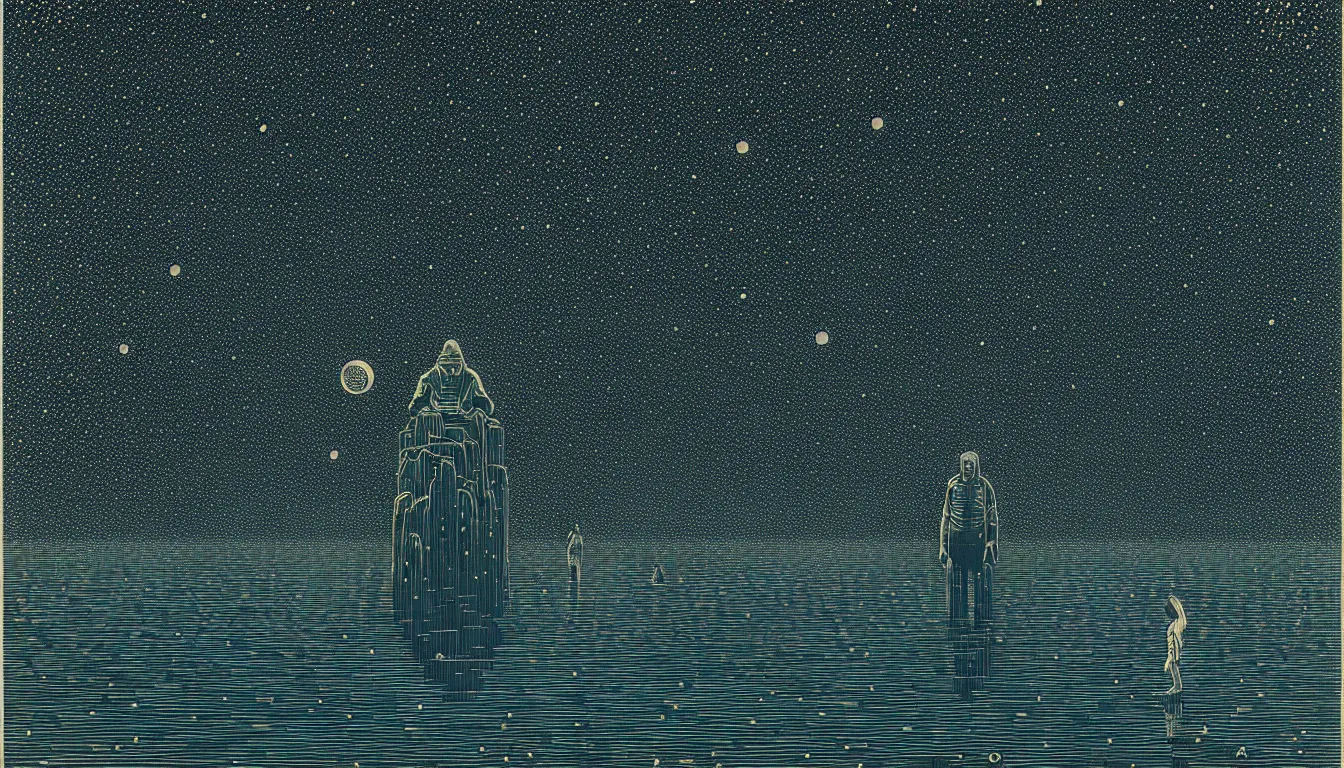 Image similar to standing in a lake looking at reflection of the night sky by woodblock print, nicolas delort, moebius, victo ngai, josan gonzalez, kilian eng