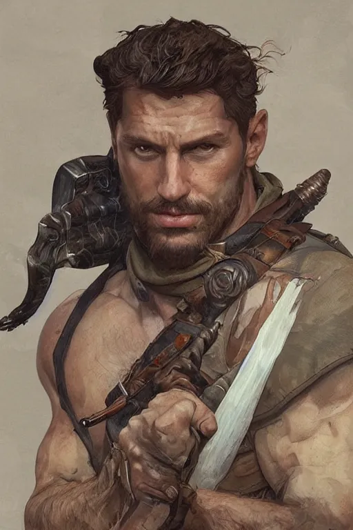 Image similar to portrait of a rugged ranger, muscular, upper body, blood, D&D, fantasy, intricate, elegant, highly detailed, digital painting, artstation, concept art, smooth, sharp focus, illustration, art by artgerm and greg rutkowski and alphonse mucha