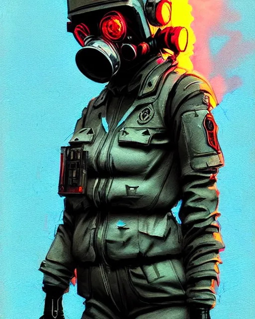 Image similar to detailed portrait neon female swat officer, cyberpunk futuristic, neon, gas mask, reflective puffy coat, decorated with traditional japanese by ismail inceoglu dragan bibin hans thoma greg rutkowski alexandros pyromallis nekro rene margitte, fire & smoke background, illustrated, perfect face, fine details, realistic shaded, fine - face, pretty face