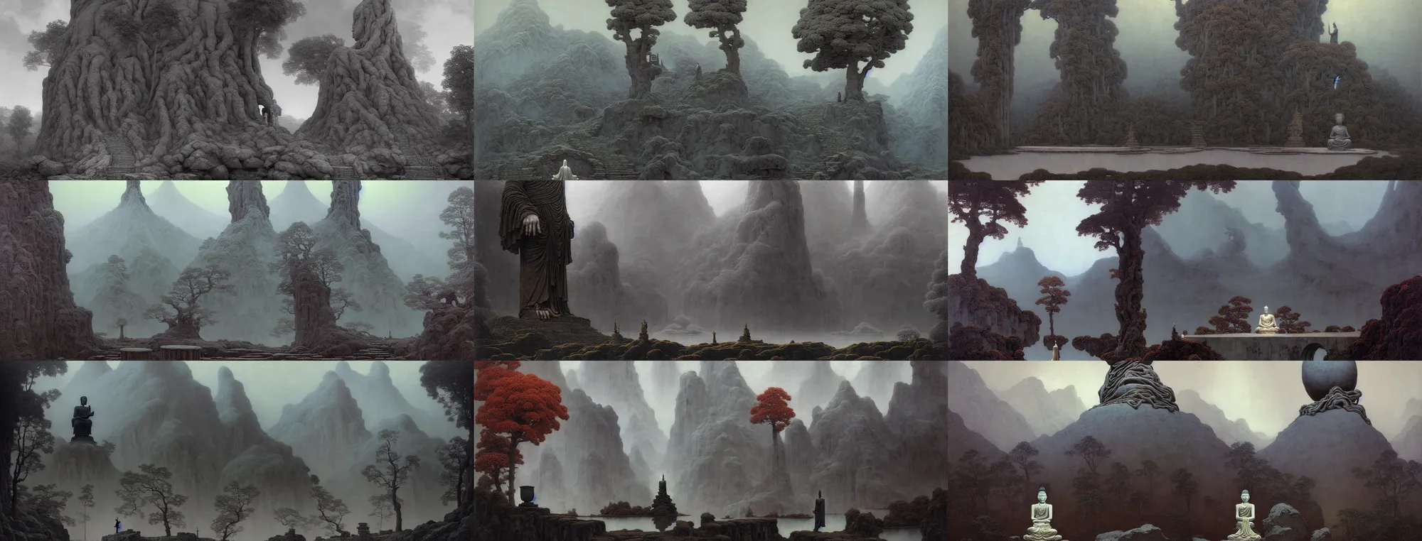 Prompt: a gorgeous bleak autumn painting by barlowe wayne, maxfield parrish, gustave dore and marco mazzoni. a lonnely huge chinese buddha statue. grey blue and very little light verdancy. the winding stone steps. ultra clear detailed. 3 d, octane render. turbulent blood lake.