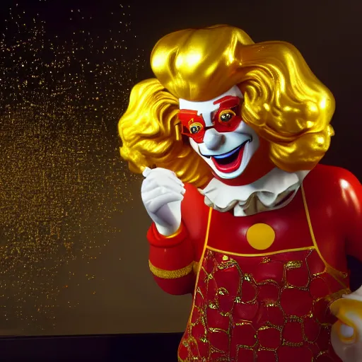 Image similar to a still of ronald mcdonald surrounded by gold and diamonds, award - winning, photograph, 3 d render, unreal engine, 4 k detailed