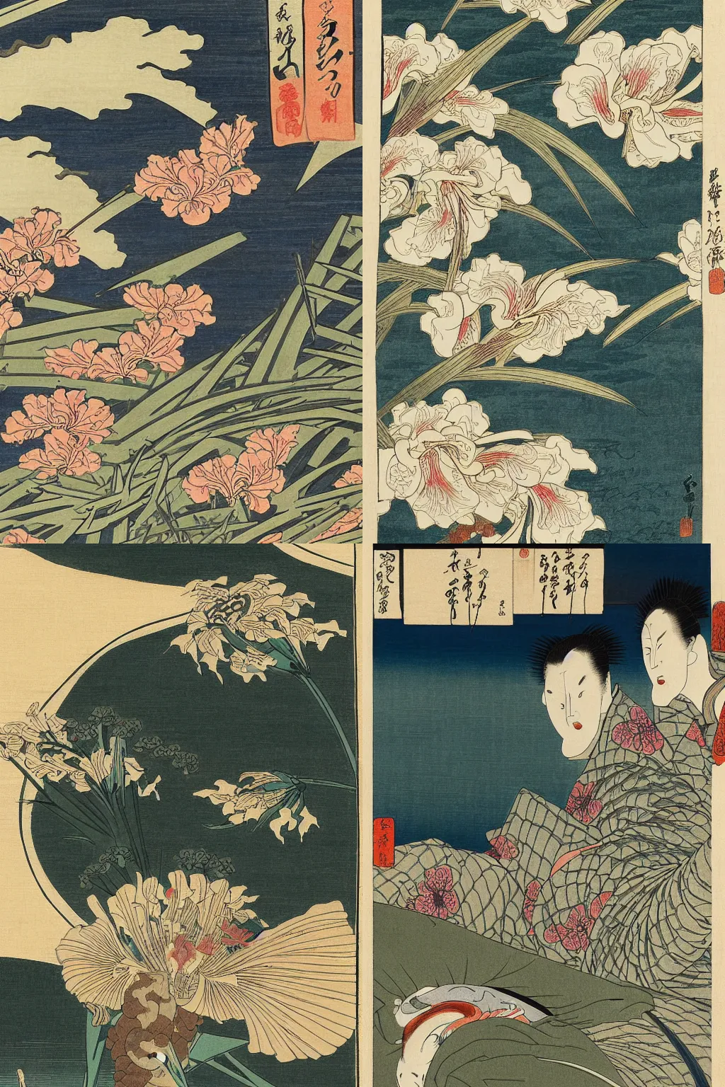 Prompt: an astounding ukiyo - e drawing of a scene with irises by katsushika hokusai and utagawa hiroshige, masterpiece, hyperdetailed!!!, intricate, complex, closeup, 4 k