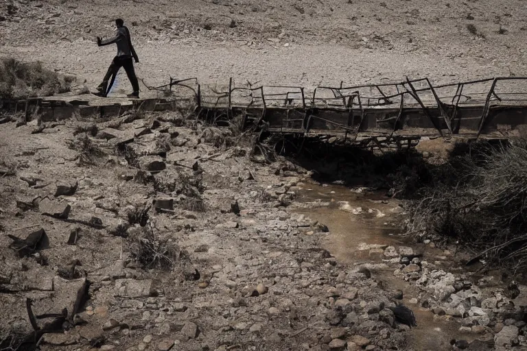 Prompt: photo of a man walking along a dry river bed with a rusty broken bridge, post apocalyptic, dystopian