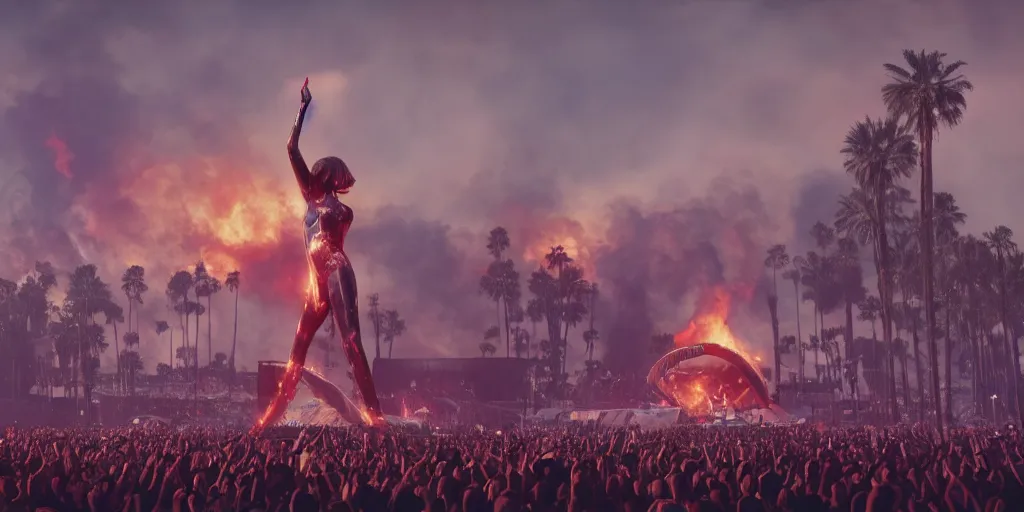 Image similar to realistic cinematic views of a orwellian coachella with fires in the background and dead seagulls falling from the sky in front of the main stage worshipping a large statue of kylie jenner, hyper detailed, terror glows, hyper realistic, digital painting, 8 k, 3 5 mm film grain, octane render