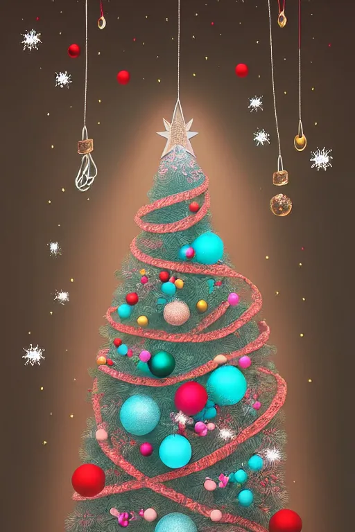 Image similar to illustration neo - rococo cinematic super expressive! scandi christmas tree with kitchen glitzy baubles, star, bird decorations, silver pink white red mood, highly detailed digital art masterpiece, smooth etienne sandorfi eric zener dramatic pearlescent soft teal light, ground angle hd 8 k, sharp focus