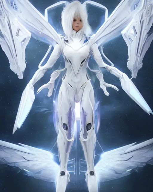 Image similar to perfect white haired alien being with huge white dove wings, warframe armor, beautiful, symmetric, dreamy, half asian, pretty face, blue eyes, detailed, scifi platform, laboratory, experiment, 4 k, ultra realistic, epic lighting, android body, illuminated, cinematic, masterpiece, art by akihito tsukushi, akihiko yoshida, voidstar