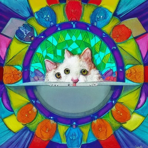 Prompt: a prism magically fractures a white kitten into every color of the rainbow, Louis William Wain,