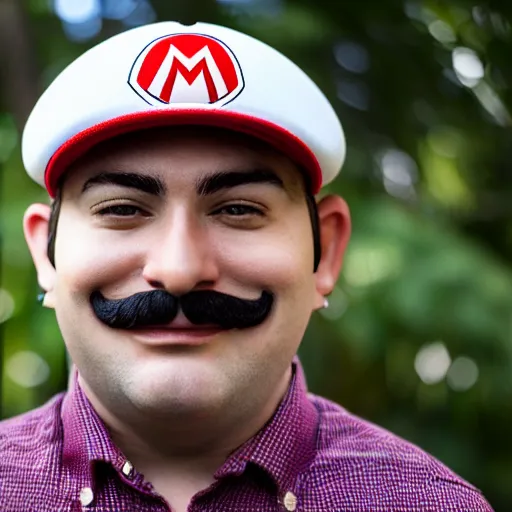 Image similar to a closeup portrait photo of a real Mario.