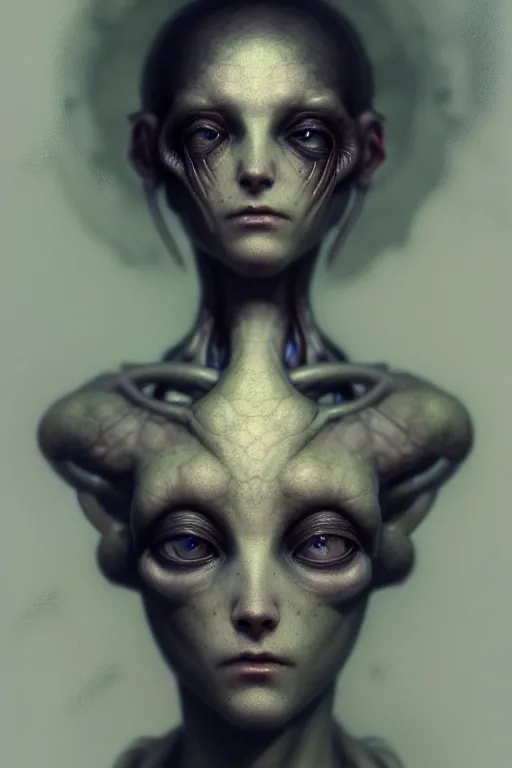 Prompt: concept art, alien hybrid, young, beautiful, woman, full - body, realistic portrait, ethereal, soft clean focus, art by emil melmoth, gustave dore, craig mullins, yoji shinkawa, art germ, pete morbacher, david lynch, hyper detailed, high detail, artstation, hyperrealistic, unreal engine 5, ravens