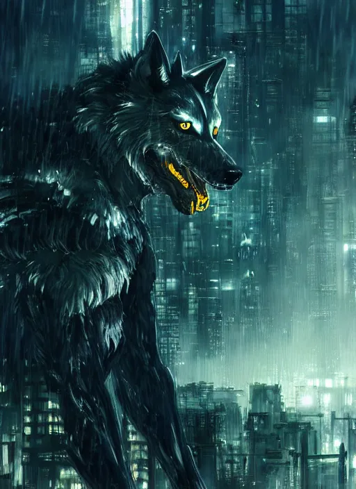 Prompt: Giant wolf with glowing eyes towering over a fantasy city, raining. In style of Yoji Shinkawa and Hyung-tae Kim, trending on ArtStation, dark fantasy, great composition, concept art, highly detailed, dynamic pose.