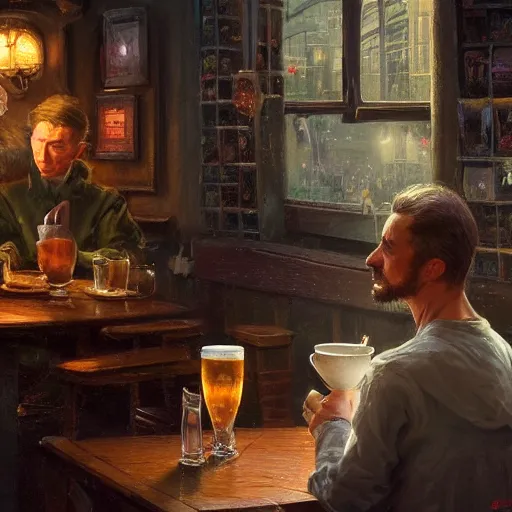 Prompt: a digital painting of a rat drinking tea at a pub, masterpiece, 4k wallpaper, beautiful, gorgeous, intricate brush strokes, by Greg Rutkowski, Thomas Kinkade, Moebius, Hayao Miyazaki