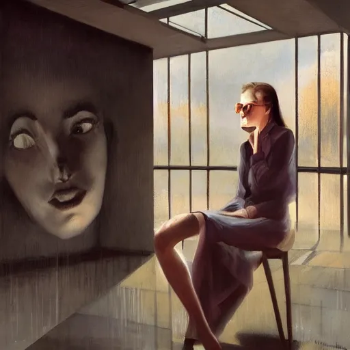 Image similar to detailed face of an intelligent clothed woman with kind eyes in a architectonic courtyard with transparent displays at a science expo, atmospheric, ambient, pj crook, syd mead, livia prima, artgerm, greg rutkowski, nick alm, casey baugh